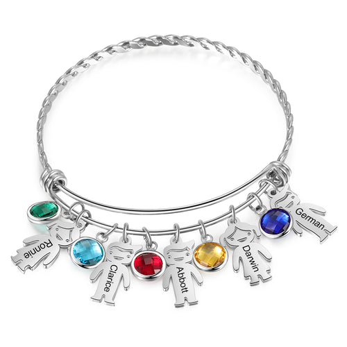 Twisted Bangle with Kids Name and Birthstone Charms