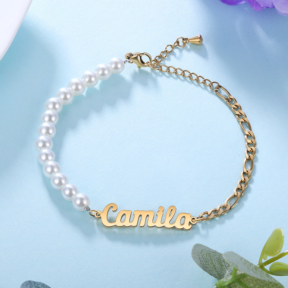 Personalized Pearl and Chain Name Bracelet