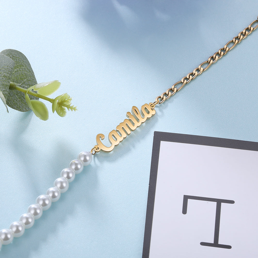 Personalized Pearl and Chain Name Bracelet