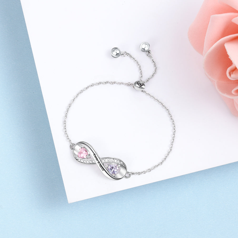 Birthstone & Engraved Rhodium Plated Bracelet