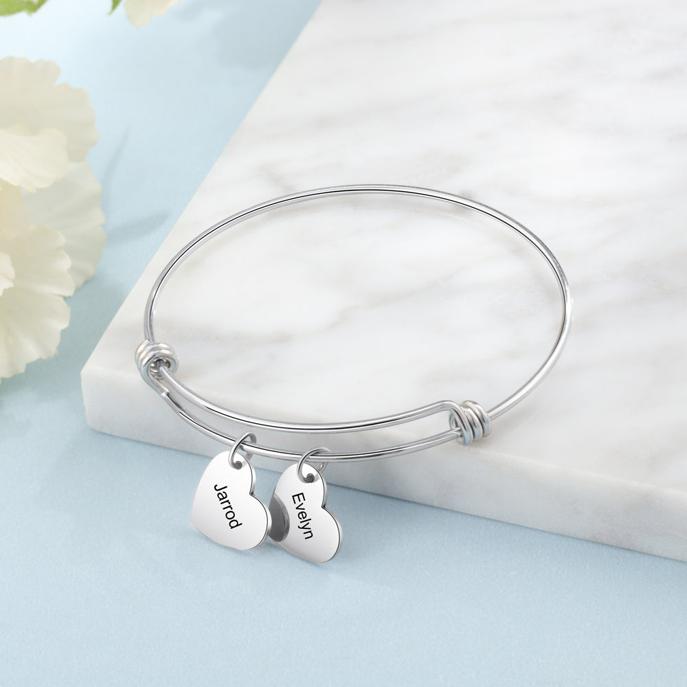 Engraved Heart Charm Name Bangle Bracelet