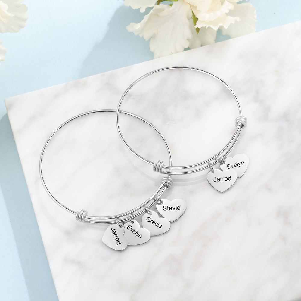 Engraved Heart Charm Name Bangle Bracelet