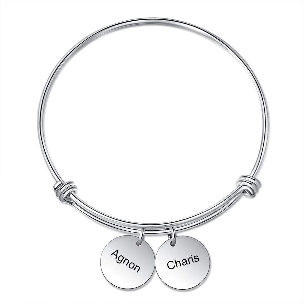 Engraved Disc Charm Name Bangle Bracelet