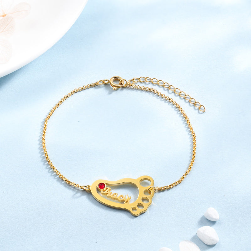Baby Feet Heart Birthstone Name Bracelet