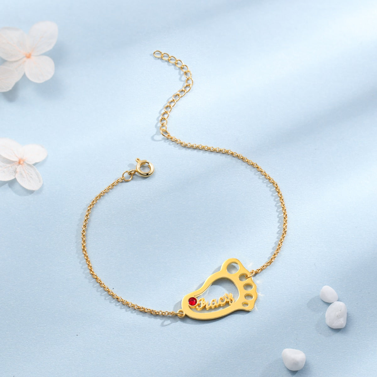 Baby Feet Heart Birthstone Name Bracelet