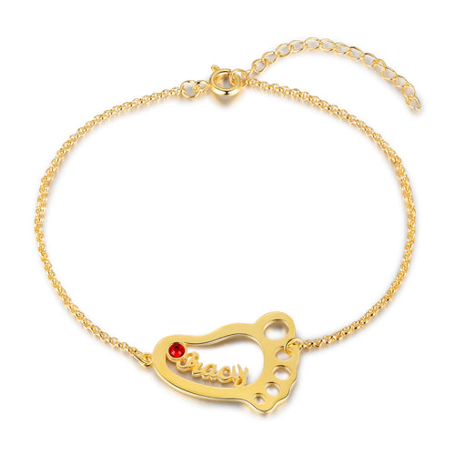 Baby Feet Heart Birthstone Name Bracelet