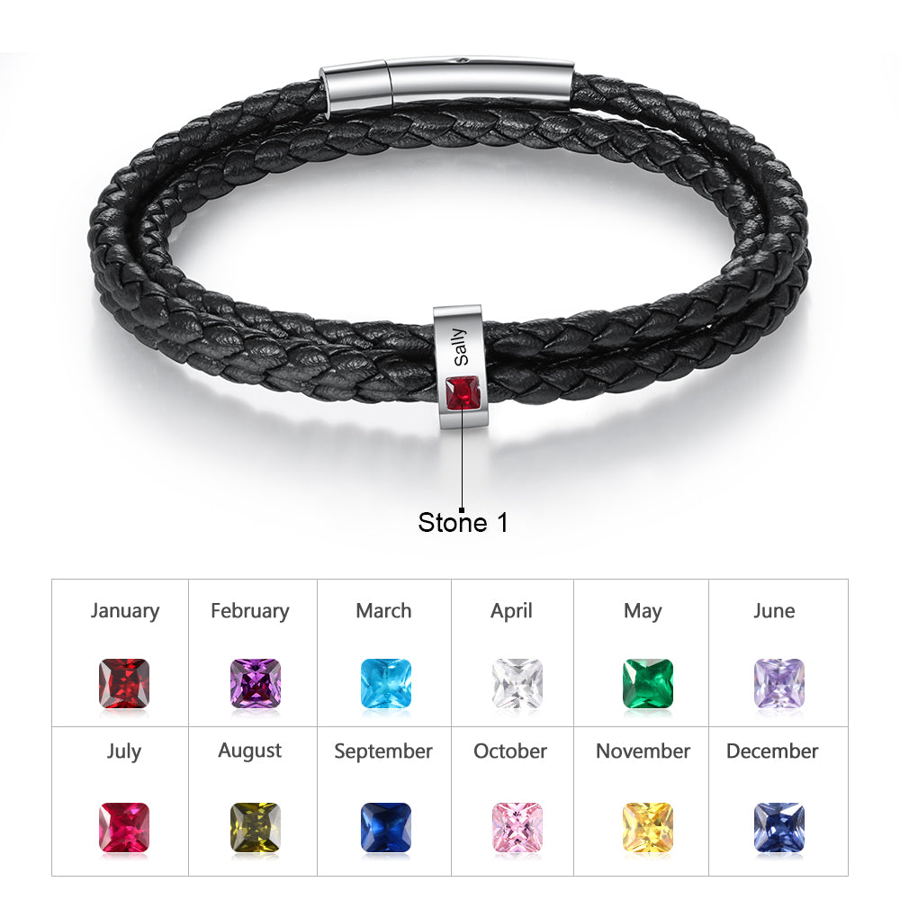 Men's Braided Leather Name Bead Bracelet with Birthstones