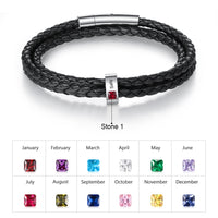 Men's Braided Leather Name Bead Bracelet with Birthstones