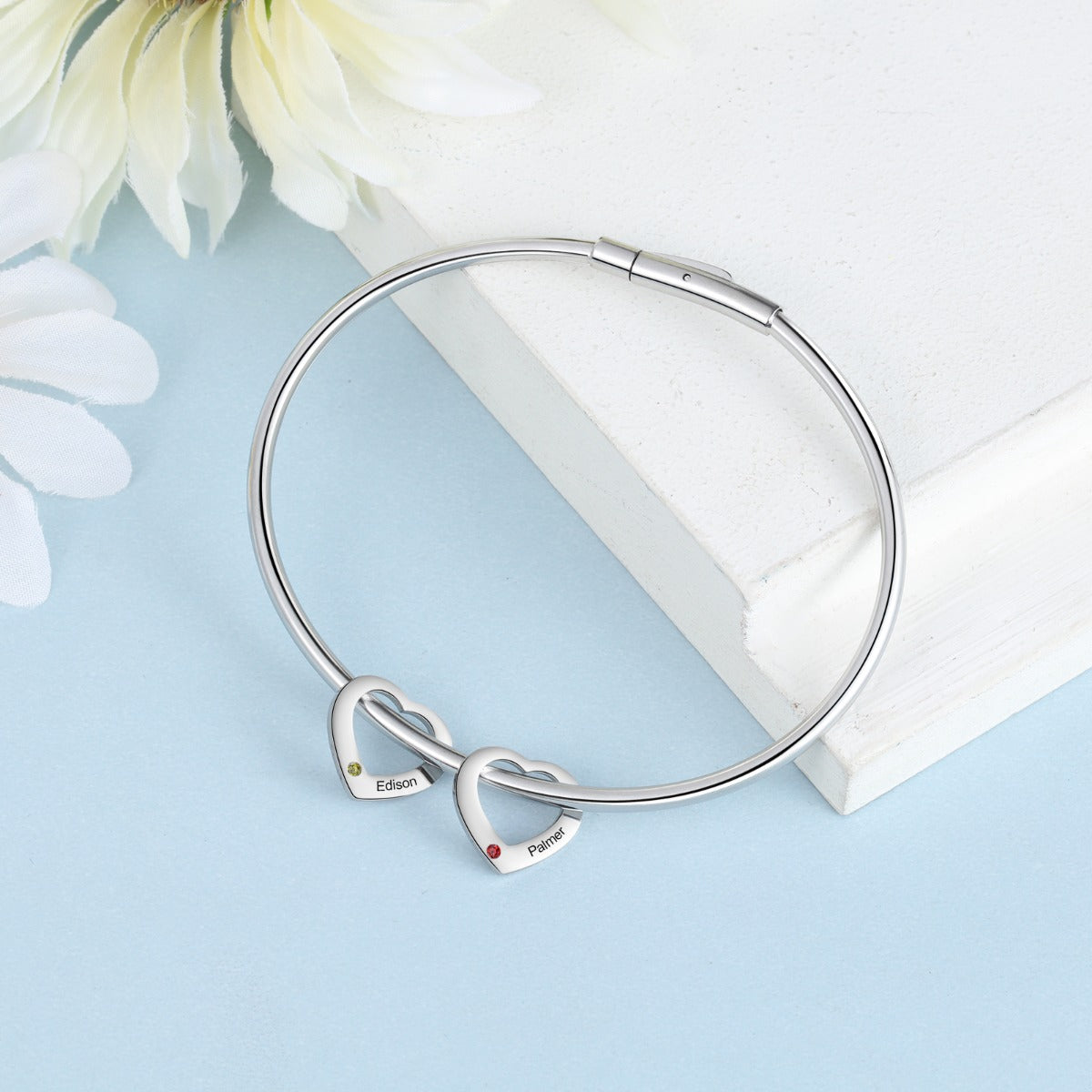 Engraved Birthstone Ring Charm Bangle Bracelet