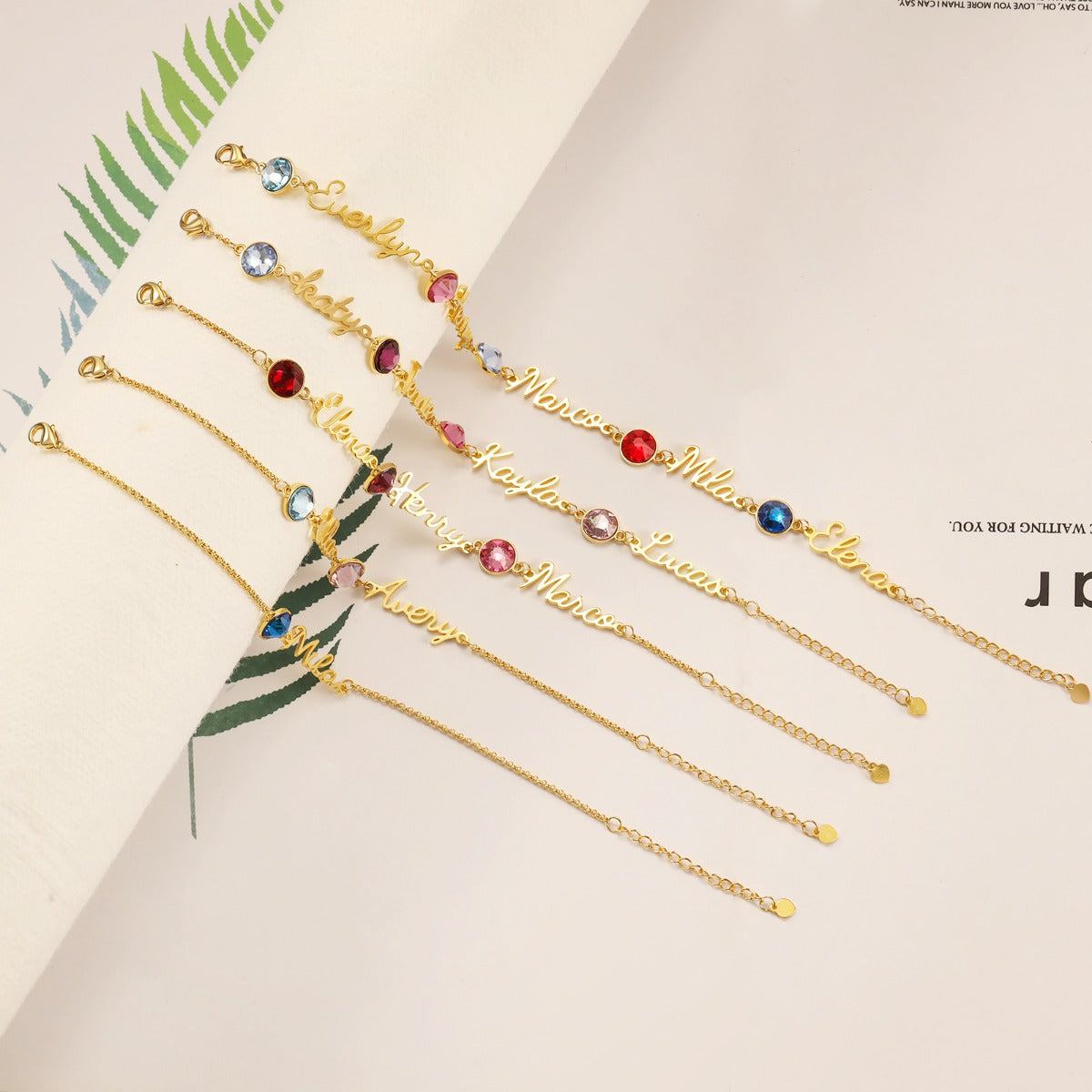 Script Name Bracelet with Birthstones