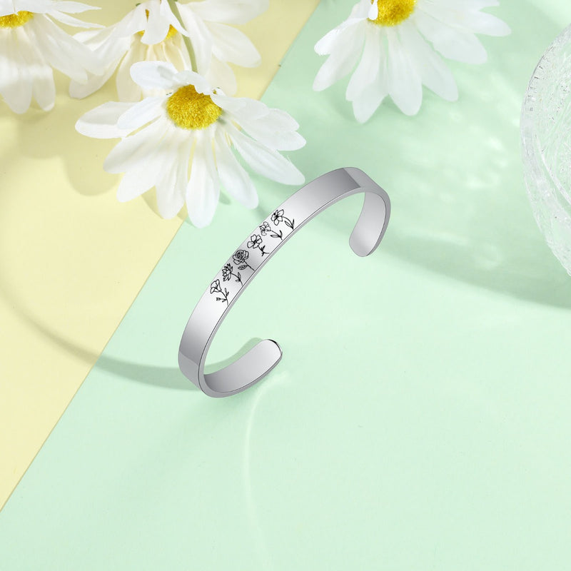 Engraved Birth Flower Cuff Bracelet