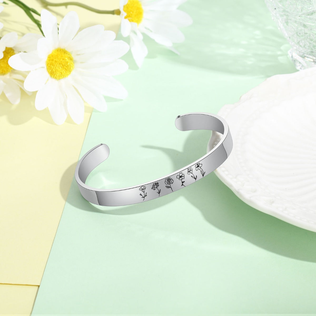 Engraved Birth Flower Cuff Bracelet
