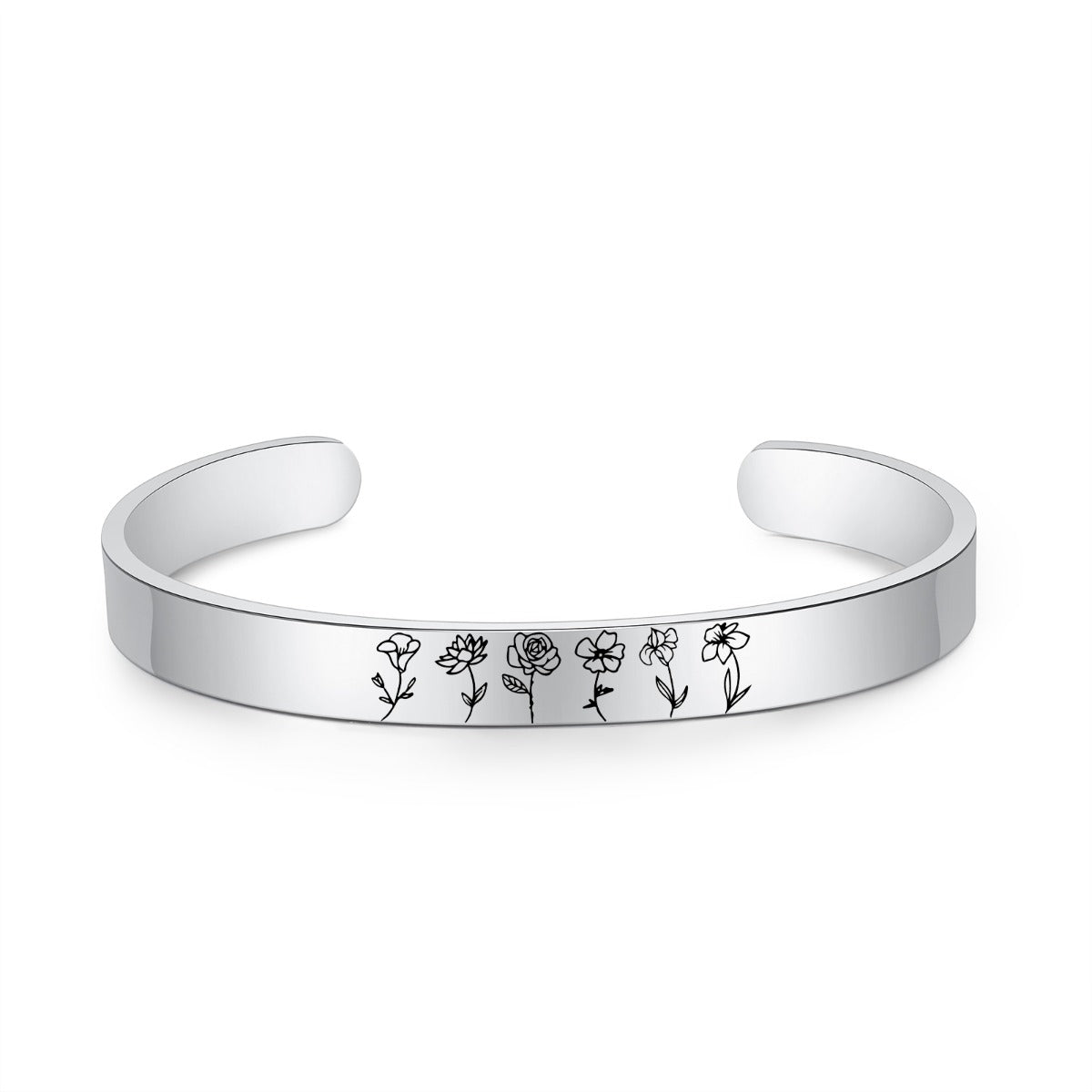 Engraved Birth Flower Cuff Bracelet