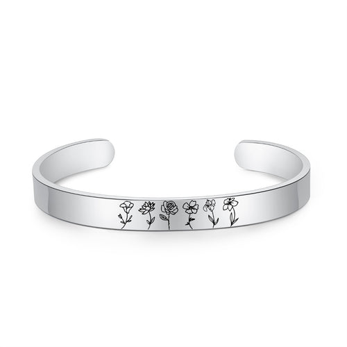 Engraved Birth Flower Cuff Bracelet