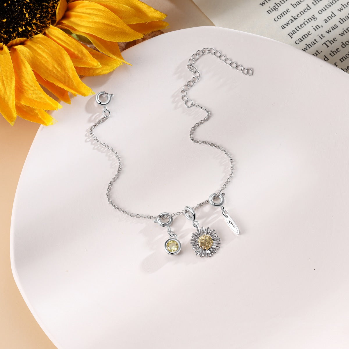 Sunflower Birthstone Name Charm Bracelet