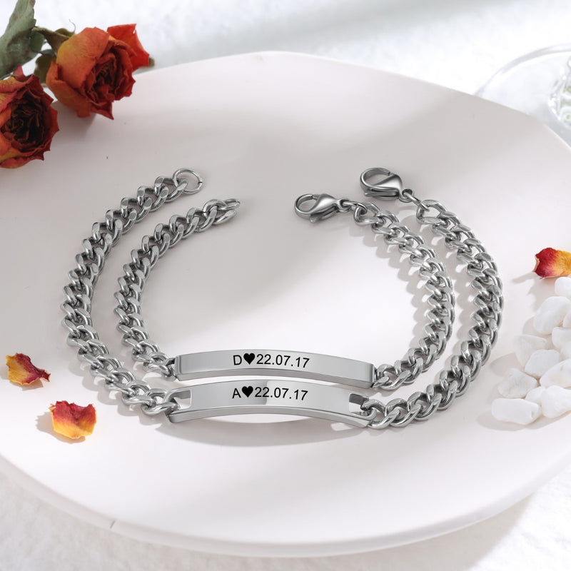 Engraved Bar Couple Chain Bracelet