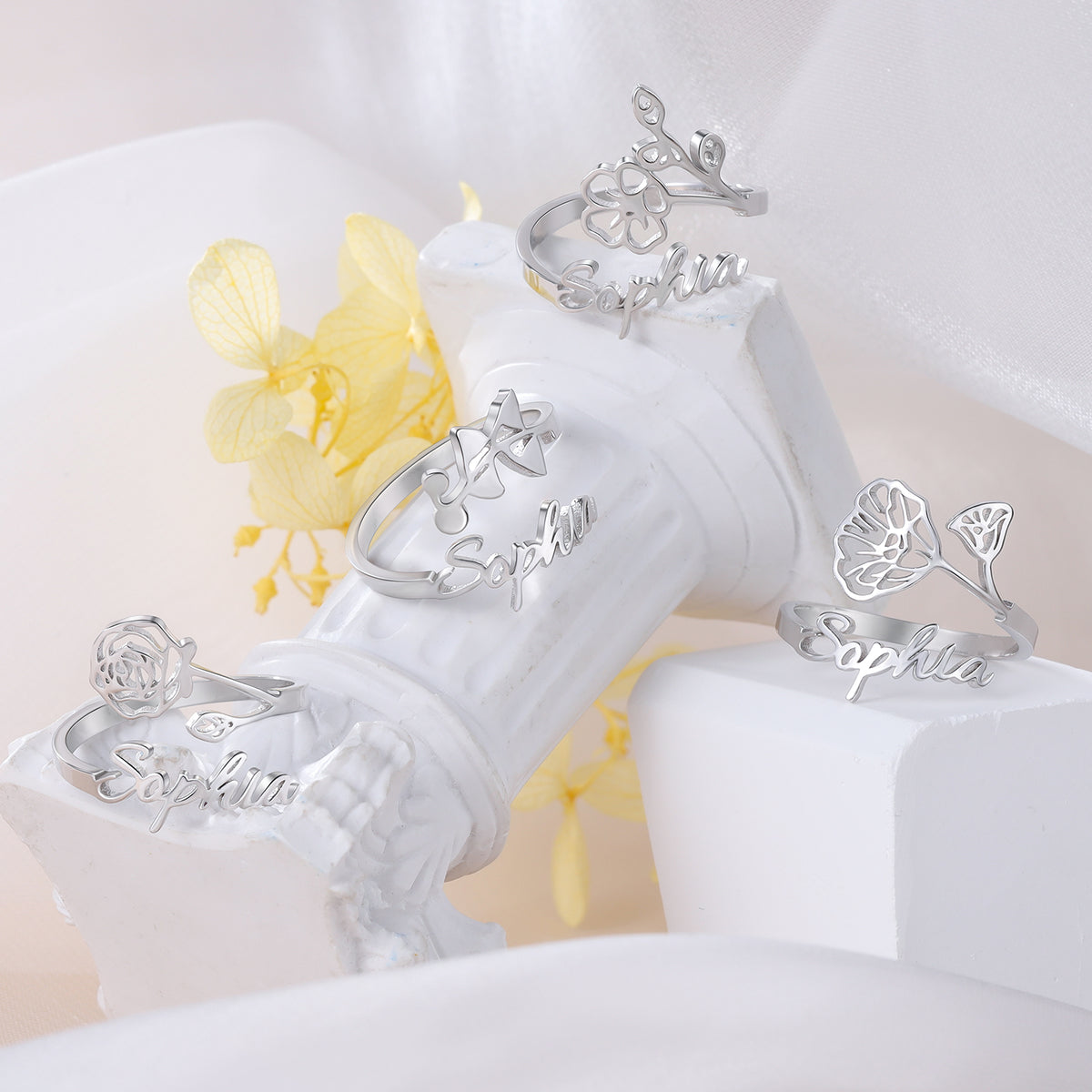Adjustable Birth Flower Name Ring