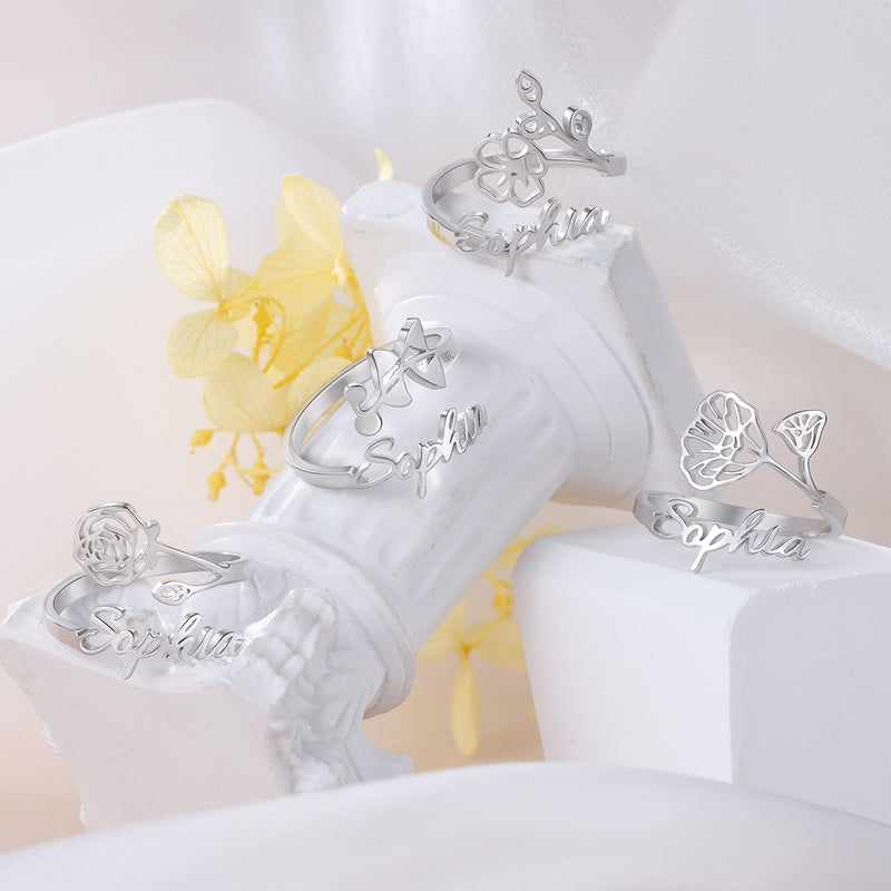 Adjustable Birth Flower Name Ring