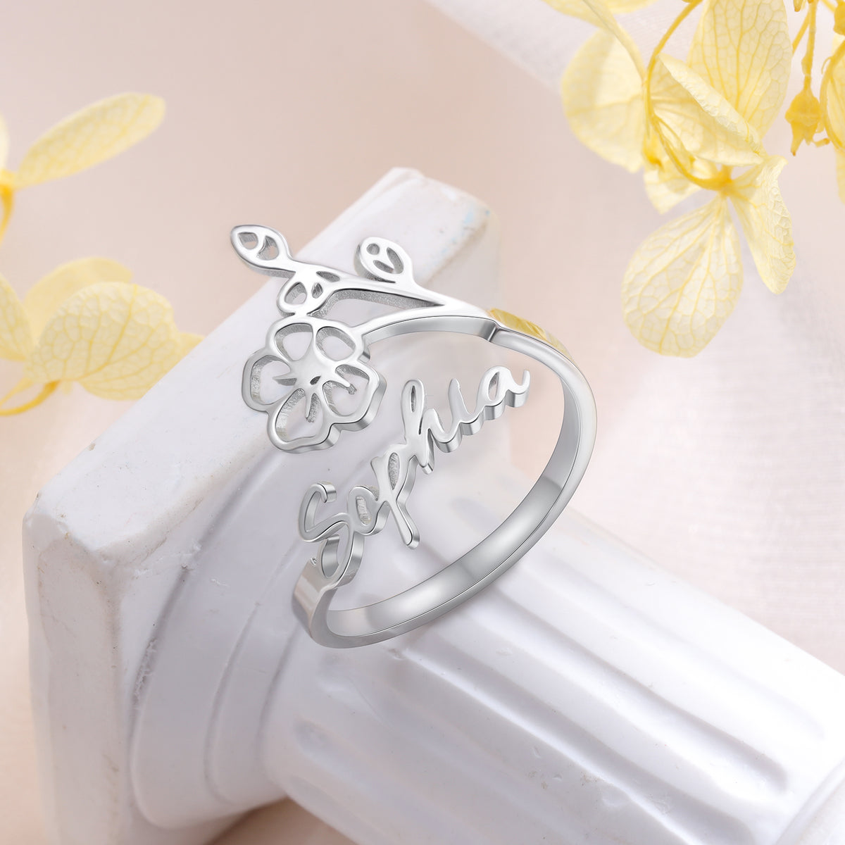 Adjustable Birth Flower Name Ring