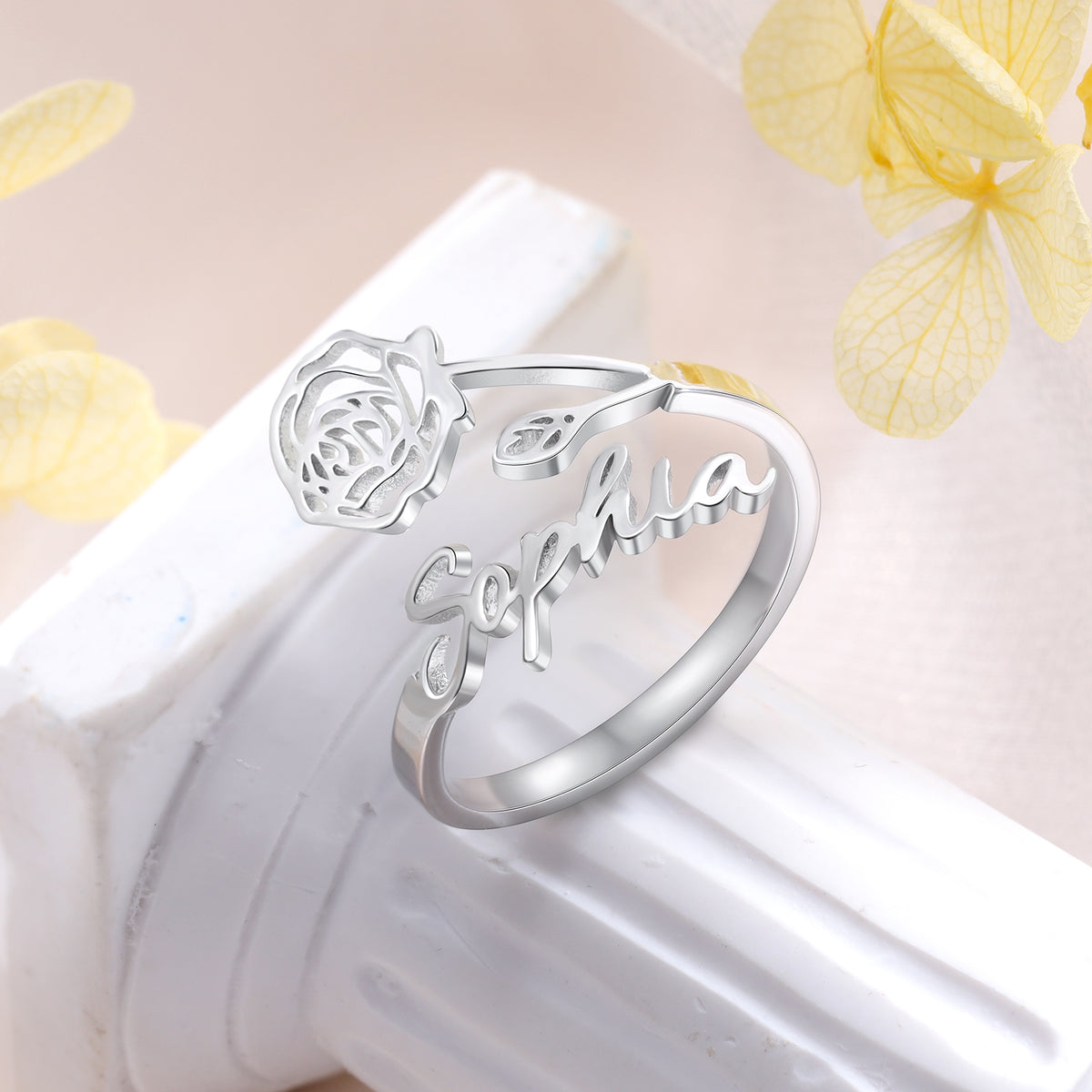 Adjustable Birth Flower Name Ring