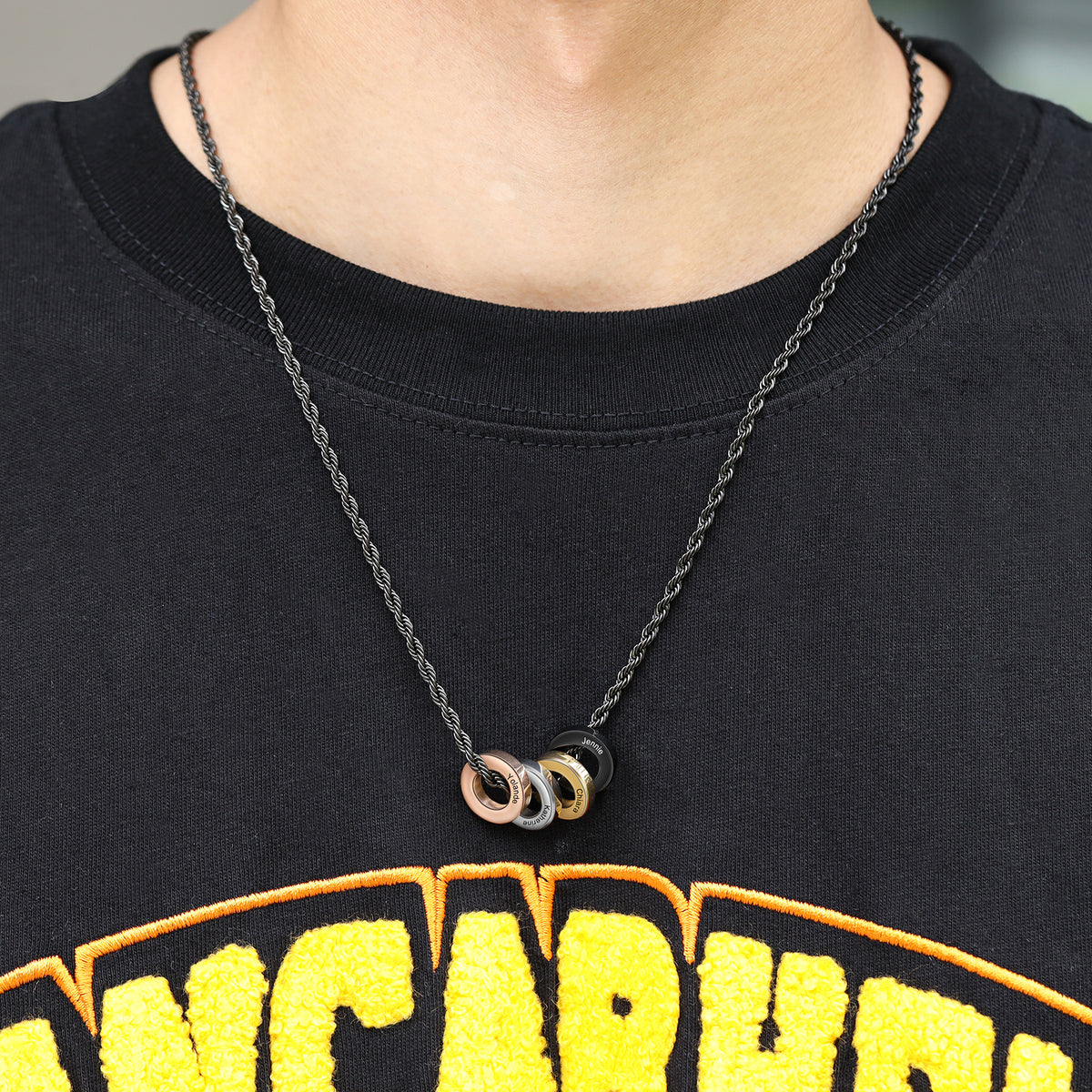 Men's Engraved Four Ring Name Necklace