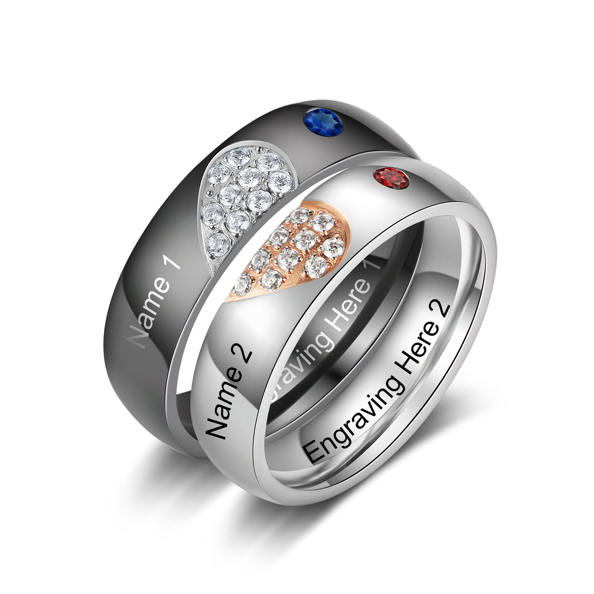 Heart Birthstone Engraved Couple Ring