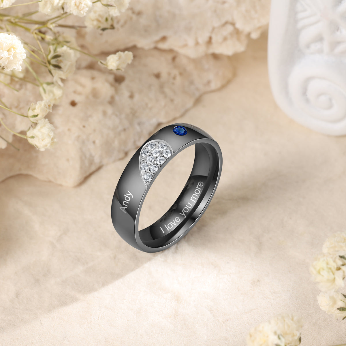 Heart Birthstone Engraved Couple Ring