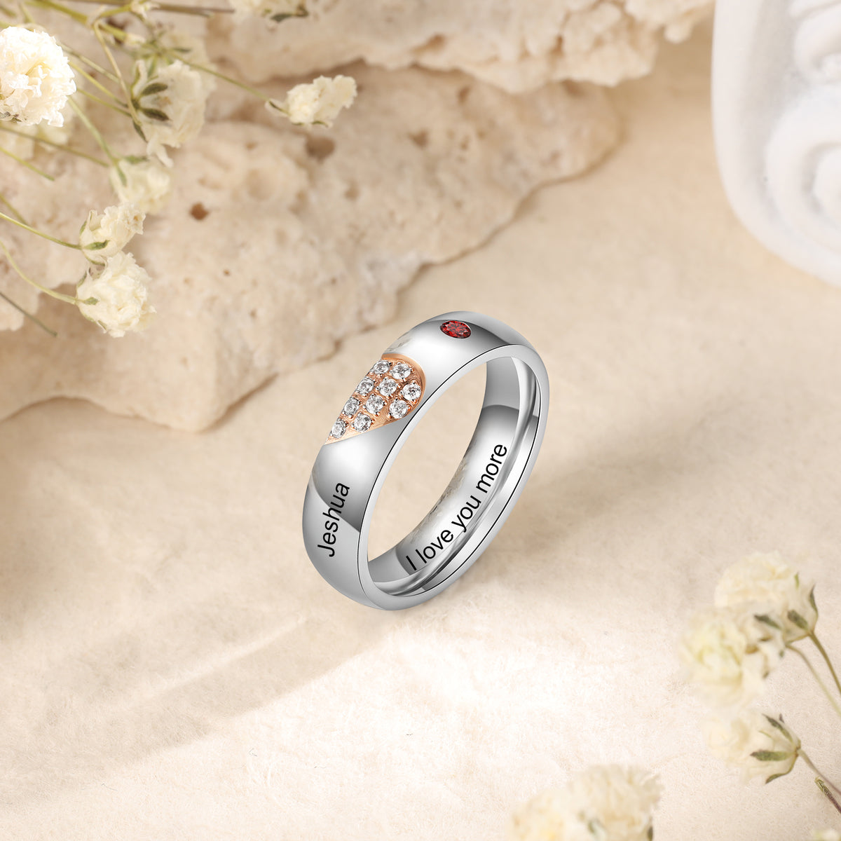 Heart Birthstone Engraved Couple Ring