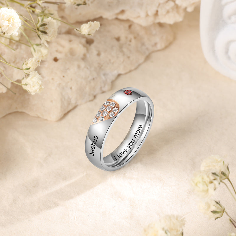 Heart Birthstone Engraved Couple Ring