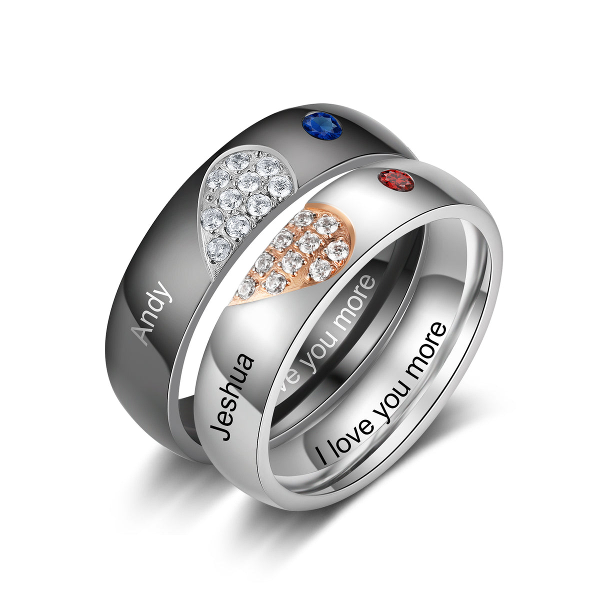 Heart Birthstone Engraved Couple Ring