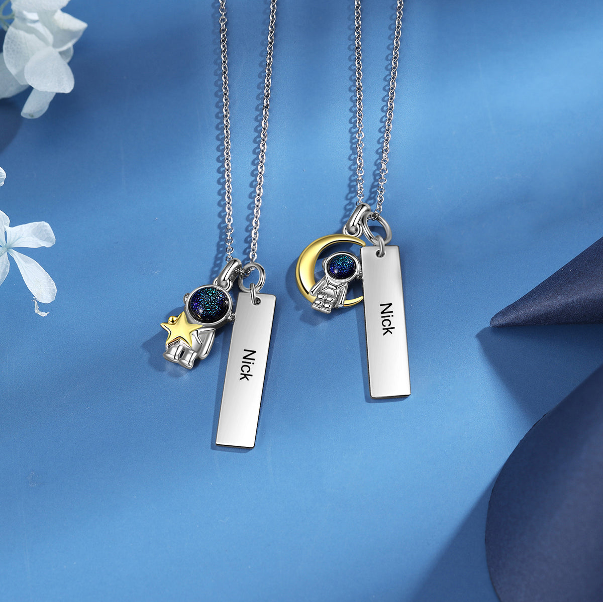 Astronaut Moon and Star Couple Necklace