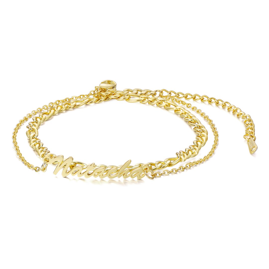 Layered Name Anklet with Figaro Chain