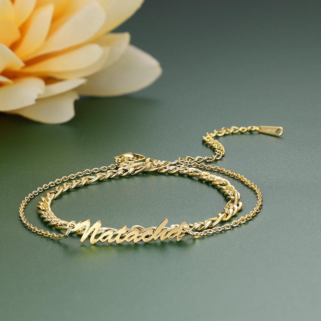Layered Name Anklet with Figaro Chain