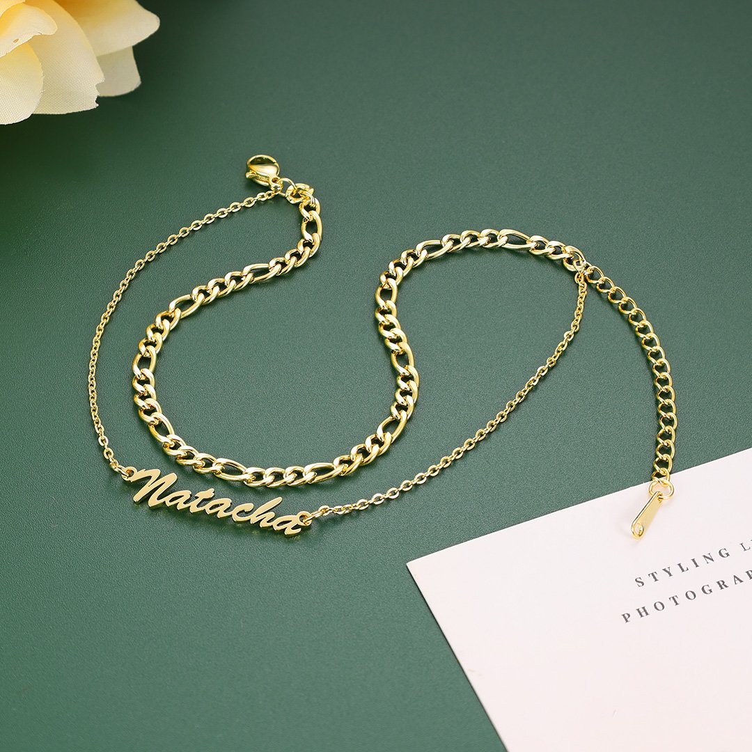 Layered Name Anklet with Figaro Chain