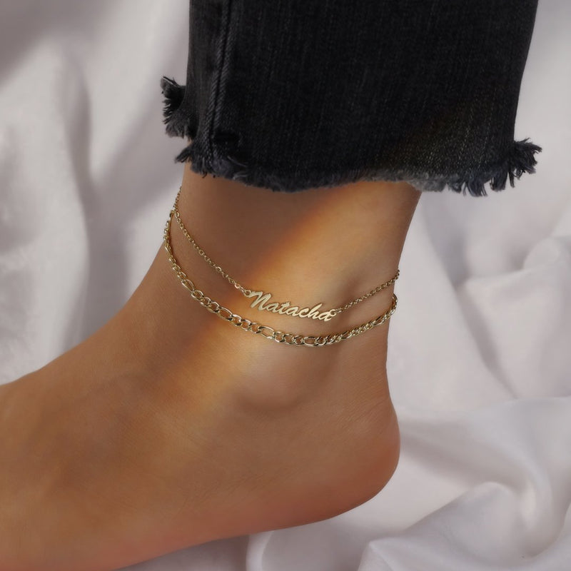 Layered Name Anklet with Figaro Chain