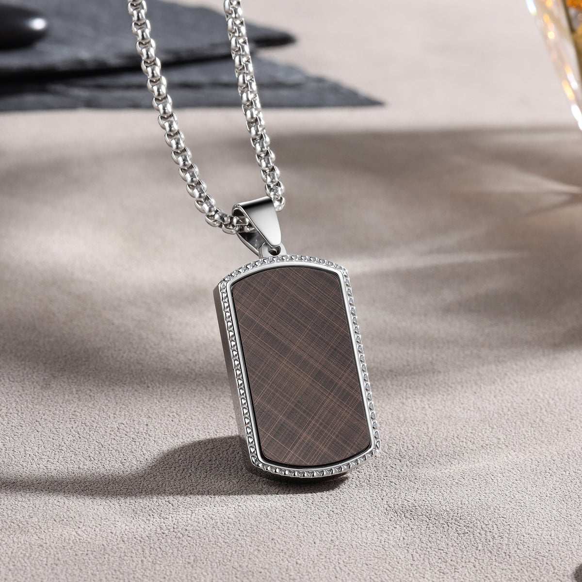 Men's Engraved Brown Plaid Dog Tag Necklace