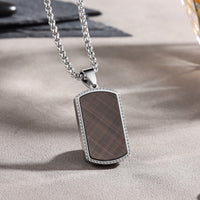 Men's Engraved Brown Plaid Dog Tag Necklace
