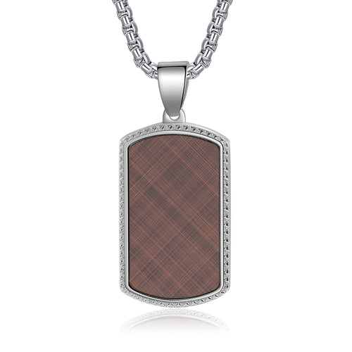 Men's Engraved Brown Plaid Dog Tag Necklace