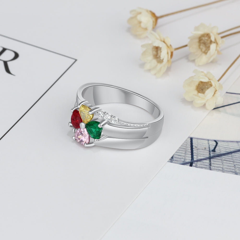 Sterling Silver Four Petal Heart Birthstone Name Ring