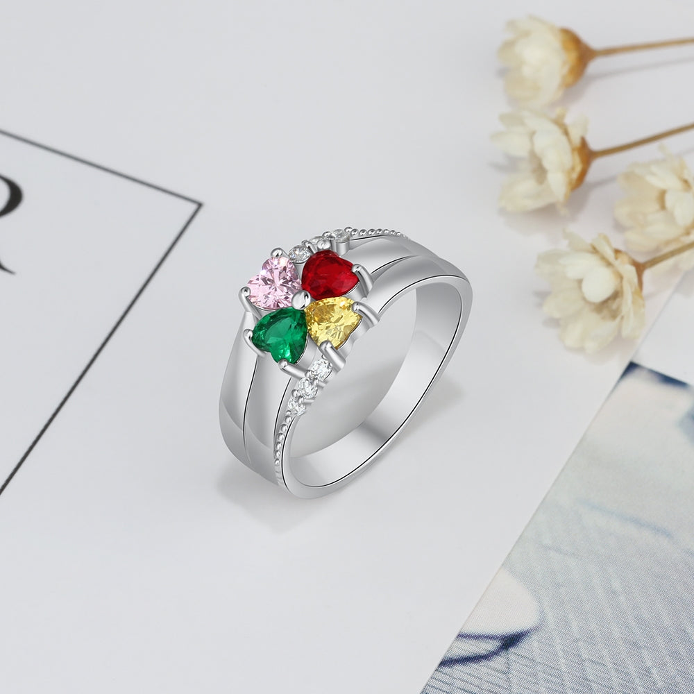 Sterling Silver Four Petal Heart Birthstone Name Ring
