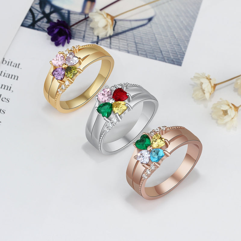 Sterling Silver Four Petal Heart Birthstone Name Ring