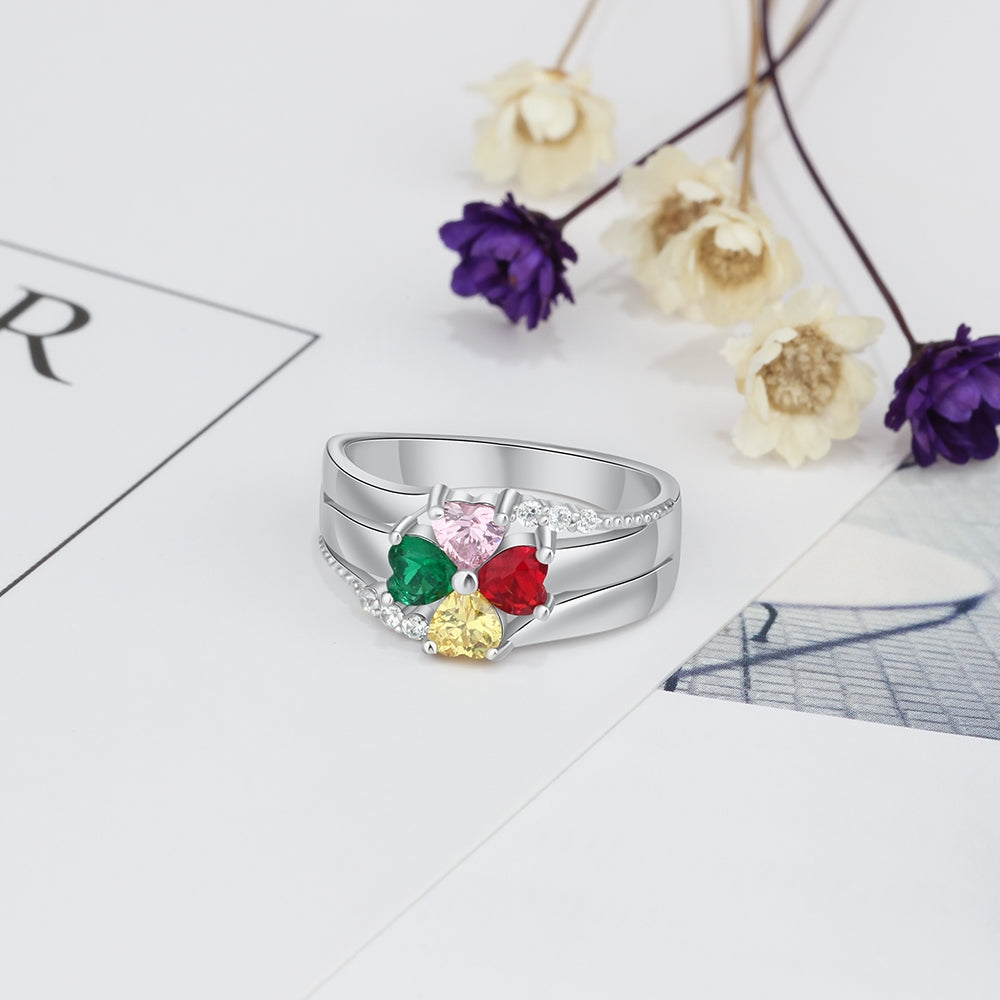 Sterling Silver Four Petal Heart Birthstone Name Ring