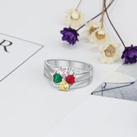 Sterling Silver Four Petal Heart Birthstone Name Ring