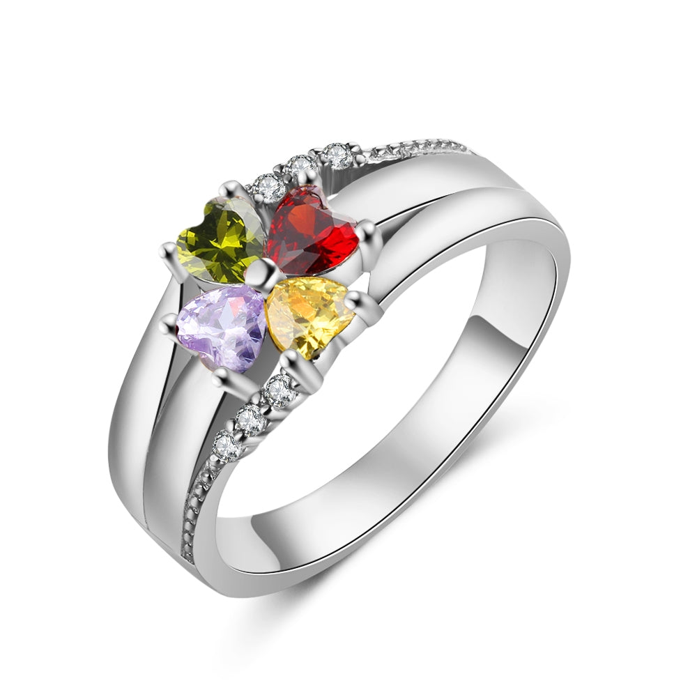 Sterling Silver Four Petal Heart Birthstone Name Ring