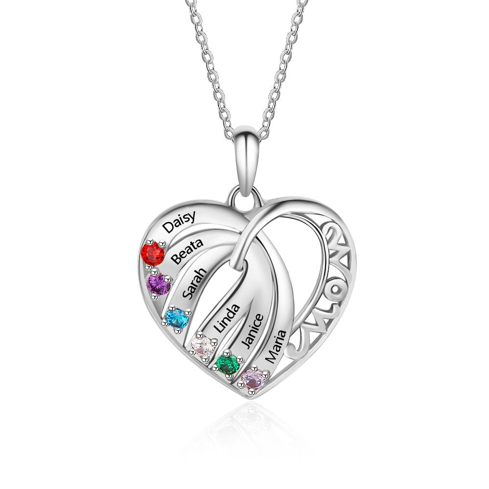 Sterling Silver Mom Heart Six Birthstone Necklace