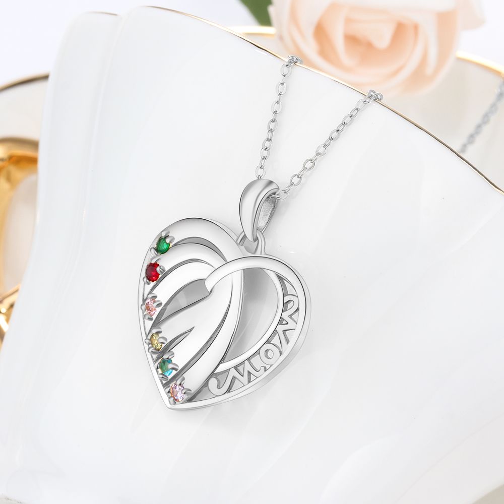 Sterling Silver Mom Heart Six Birthstone Necklace