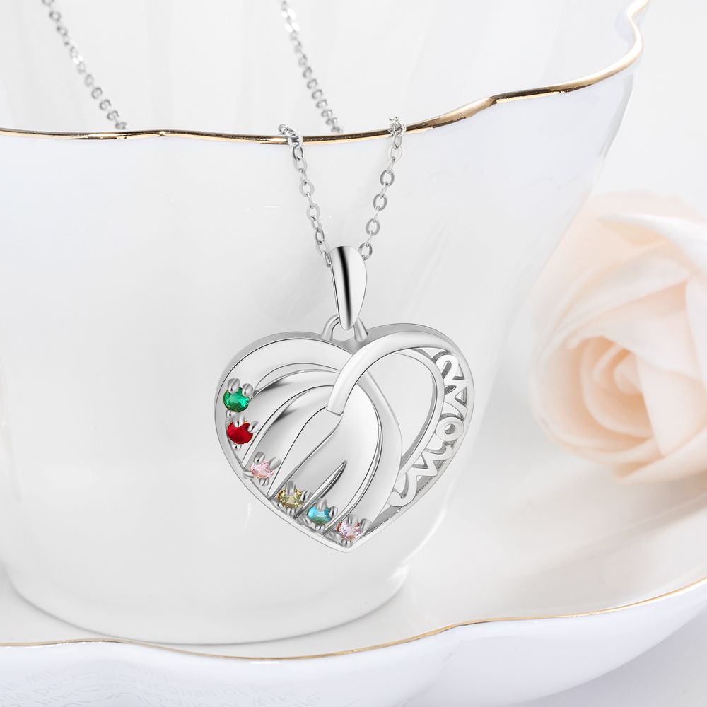 Sterling Silver Mom Heart Six Birthstone Necklace