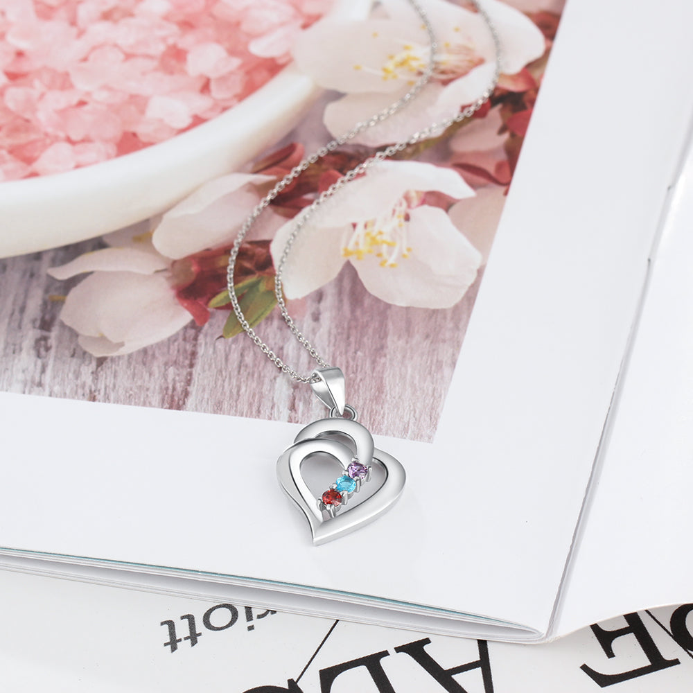 Sterling Silver Nested Heart Name Birthstone Necklace