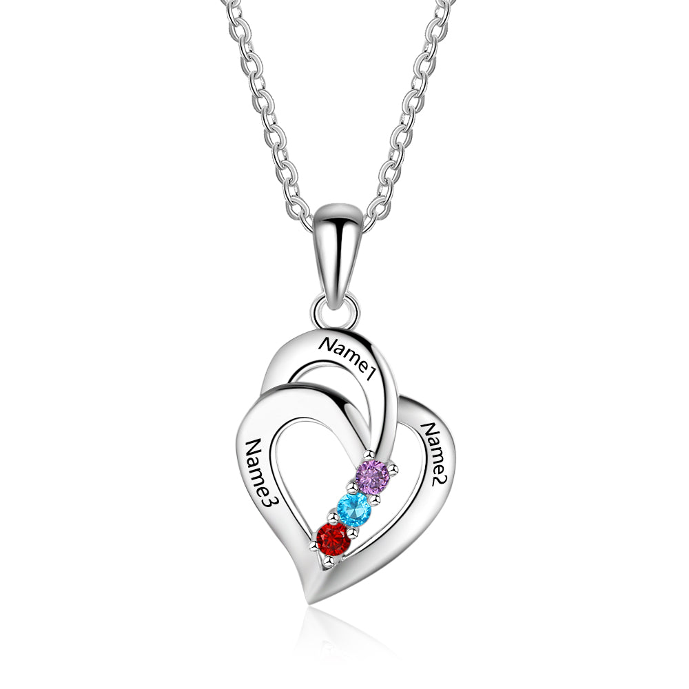 Sterling Silver Nested Heart Name Birthstone Necklace