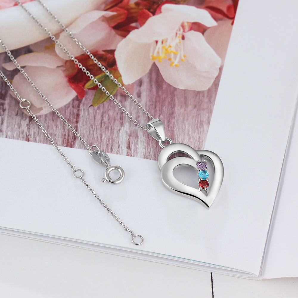Sterling Silver Nested Heart Name Birthstone Necklace